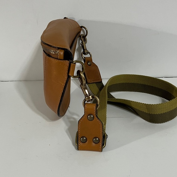 Sundance Belt Bag. Tan Leather with Green Stripe Hip Belt. Made in Italy. - Picture 5 of 12